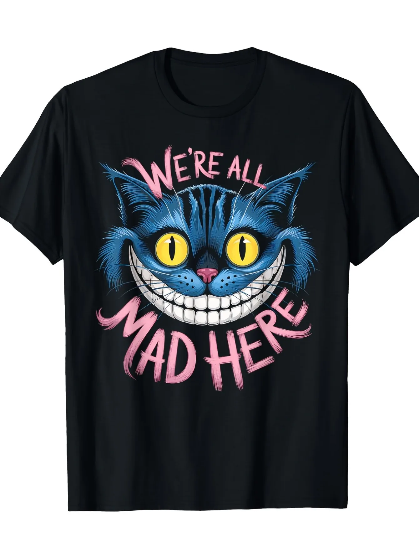 

Disney Alice's Adventures in Wonderland Cheshire Cat "We're All Crazy" Pattern T-shirt - Black Round Neck Short Sleeve Cartoon,