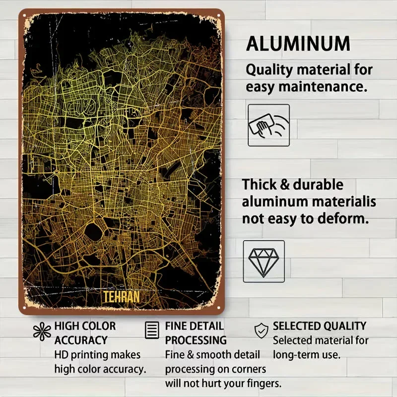 طهران الذهب خريطة ملصق خريطة علامة معدنية مقهى بار اكسسوارات مخصصة القصدير ل جدار الفن الديكور عناصر ديكور المنزل الرجعية #4