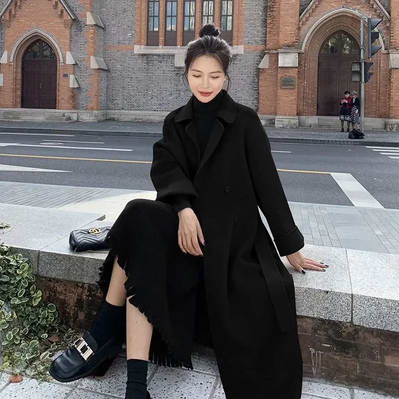 

Chic Casual Woolen Trenchcoat Jacket Women's Overcoat 2024 New Autumn Winter Elegant Mid-length Belt Double-Breasted Woolen Coat