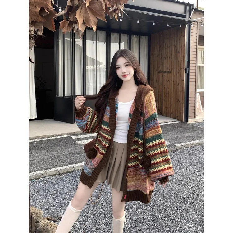 Womens Coat Spring Autumn Retro Striped Contrasting Loose Casual Knitted Cardigan Versatile Daily Fashion Sweet Temperament Wear