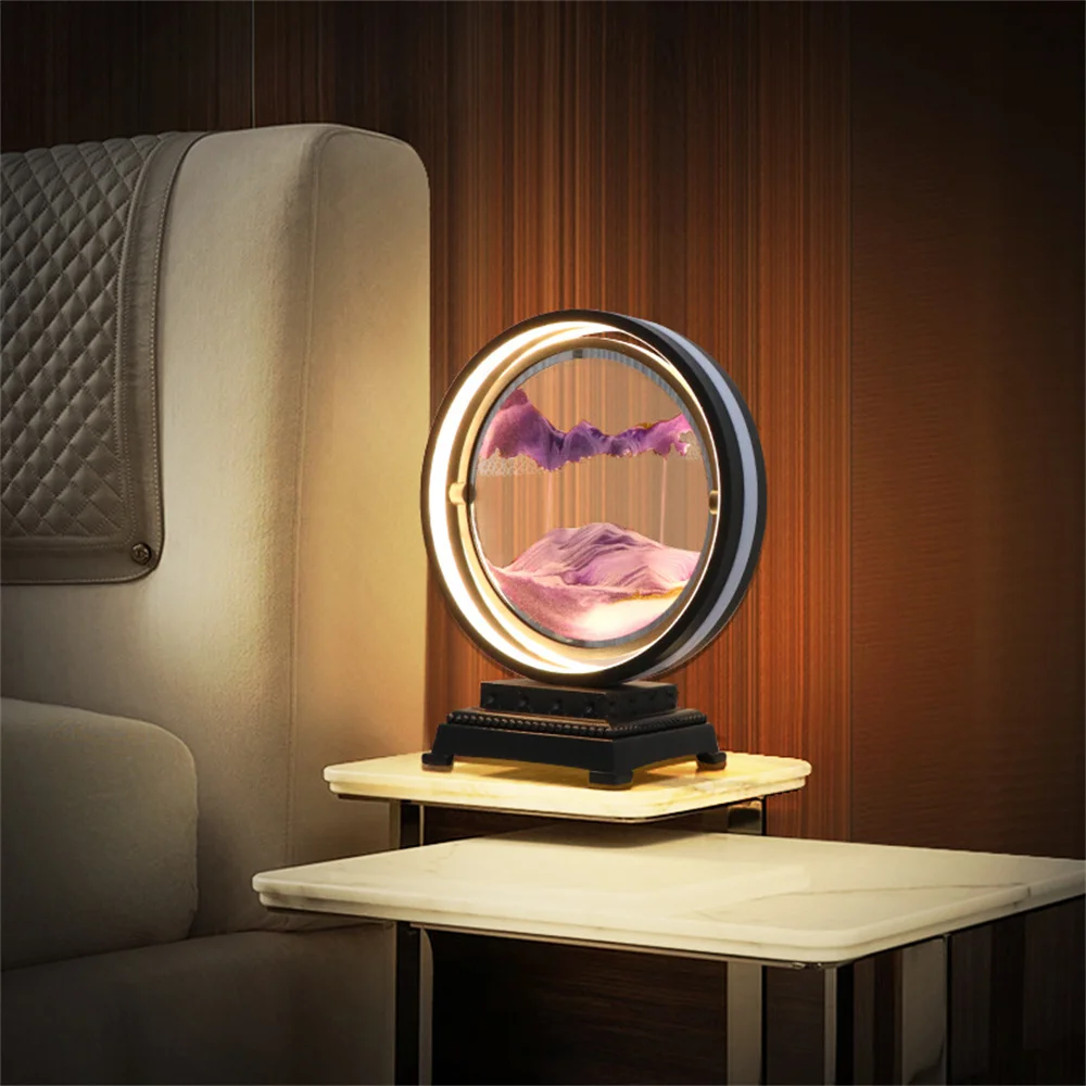 3D Quicksand Lamp Round 360° Rotatable Moving Sand Art Picture LED Lights Art Landscape Time Sand Lamp Living Room Bedside Lamps