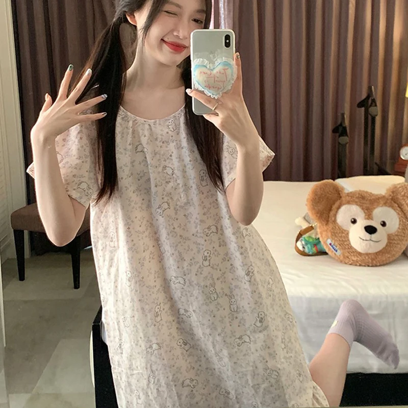 Rubbit Sleepwear Woman Short Sleeves Summer Nightgown Korean Nightwear Night Dress One Piece Pajamas Sleeping Home Wear 2024 New