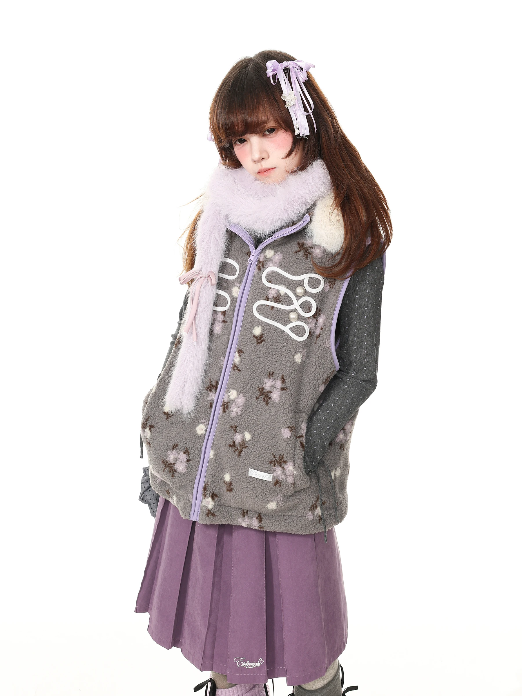 Languid Park Women's Faux Fur Collar Vest Casual Style Polyester Fiber Warmth Comfortable Zipper Closure Floral Patterned