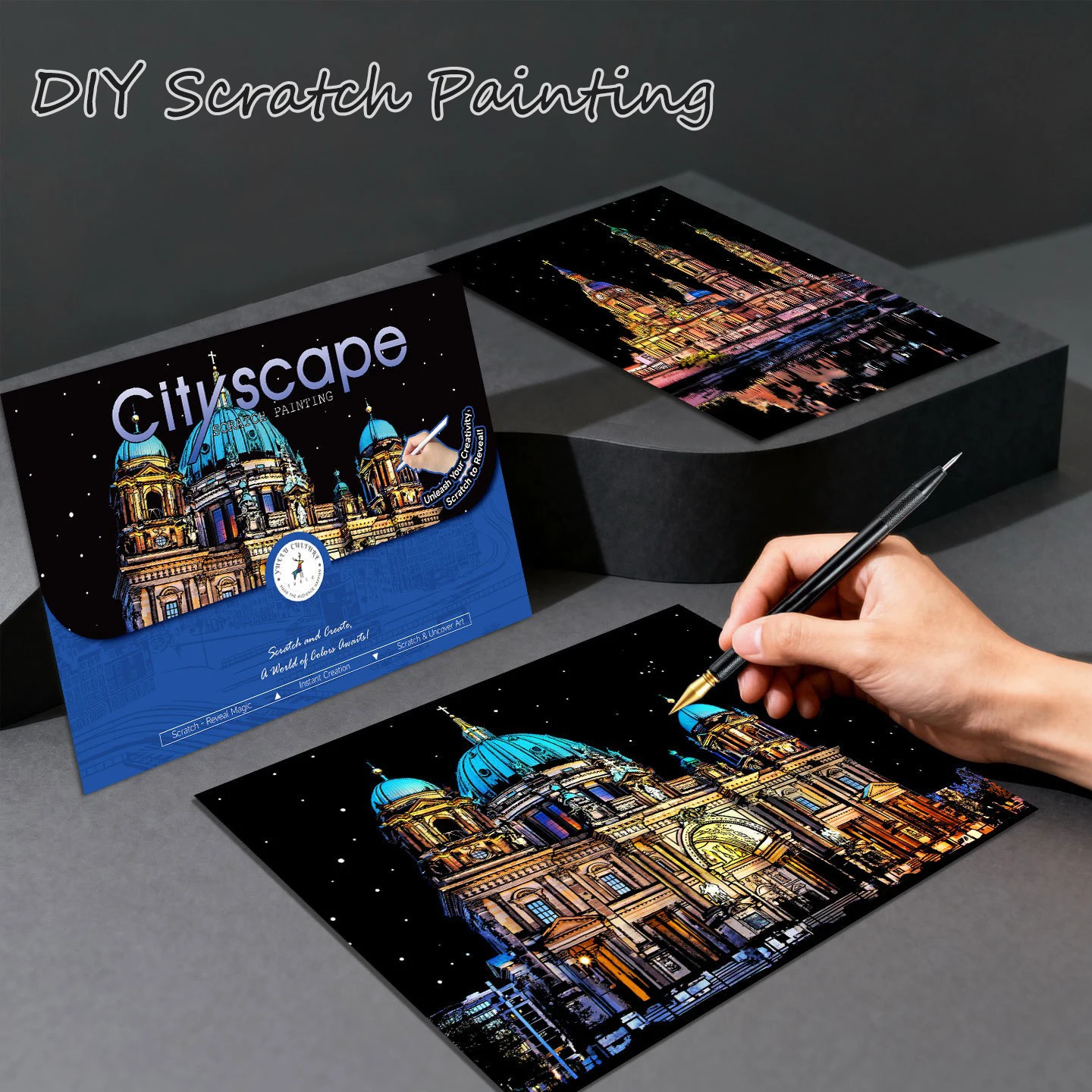 2 Pcs/Set 40.5x28.5 CM DIY Scratch Painting Famous Buildings Cityscape Night View Scrach Painting Artistic Works Drawing Toys
