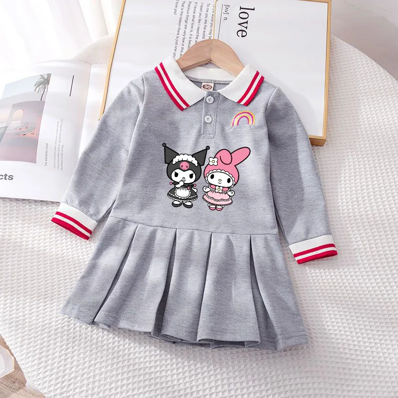 Sanrioed Hellokittys My Melody Kids Long Sleeve Dress Cotton Cinnamoroll Kuromi Fashion Pleated Skirt Preppy Korean Kids Clothes