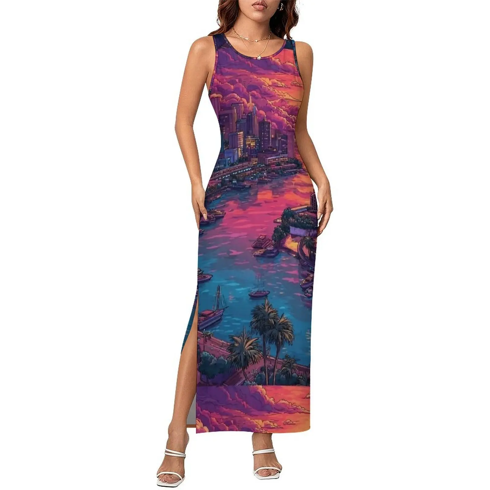 Ladies Bodycon Dress Cute Miami Sunset Anime Print Maxi Dresses Spring  Sleeveless Street Style Graphic Dress Large Size