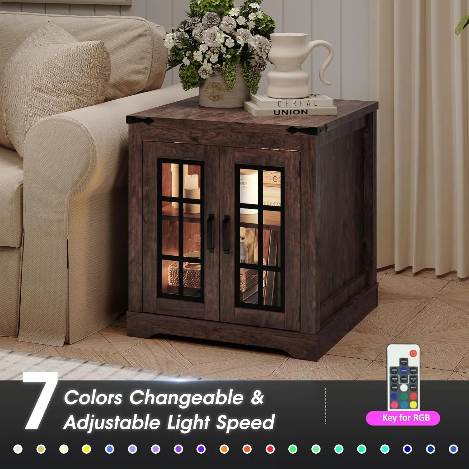 Table de chevet carrée en bois vintage avec lumières LED, table de bout de ferme avec porte de grange en verre, table d'appoint de canapé, 24 po