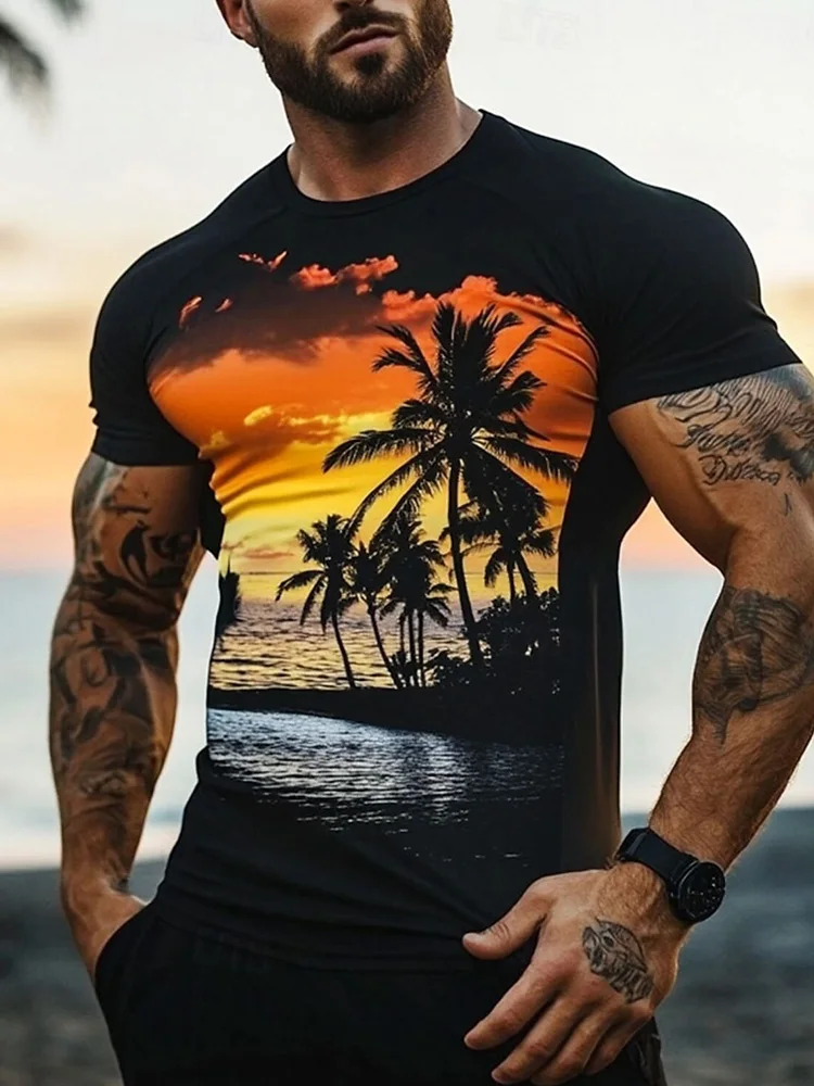 Summer Daily Casual Men's Loose-fitting Top 3D Wave Print Men's T-shirt Outdoor Seaside Men's Fashionable Short-sleeved Shirt