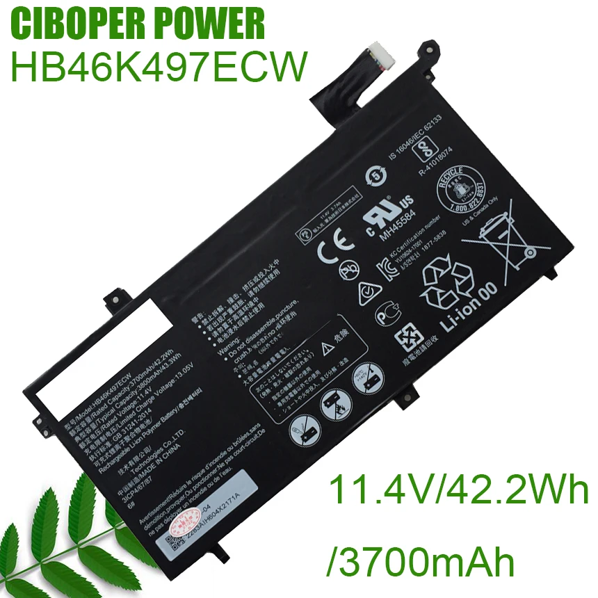 CP Laptop Battery HB46K497ECW 11.4V/3700mAh /42.2Wh For Matebook D 2018 PL-W19 PL-W19A PL-W09 PL-W29 MRC-W50 W60 W70 Series