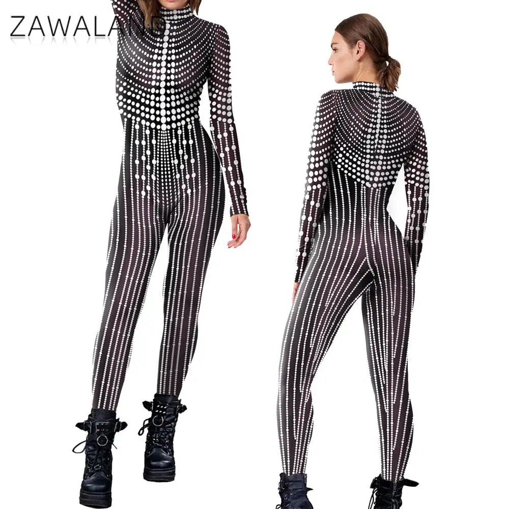 Zawaland Women Bodysuits Fashion Sequin Pattern Cosplay Costume Adult Zentai Fitness Long Sleeve Jumpsuits Zipper Party Outfit