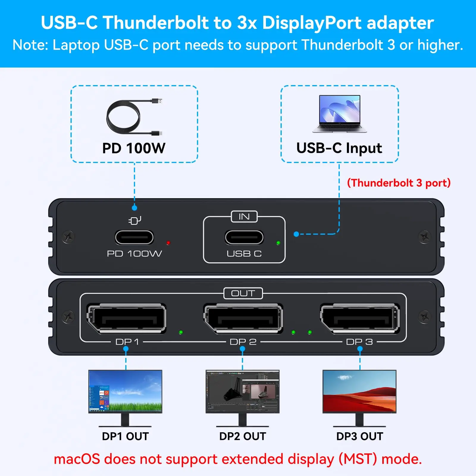 

USB C to Displayport HDMI Splitter Triple Monitors 4K@60Hz ,Type c to DP HDMI Splitter,1 in 3 Out MST HUB for Windows Only
