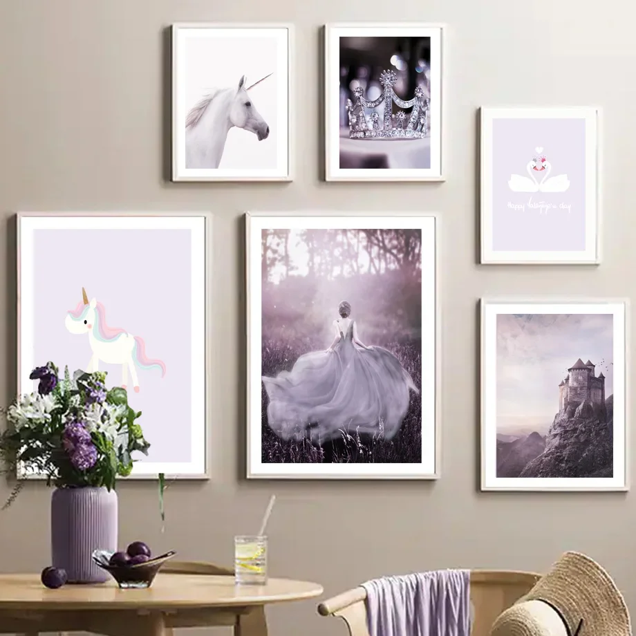 Purple Castle Princess Unicorn Crown Wall Art Canvas Painting Nordic Posters And Prints Wall Pictures For Living Room Home Decor