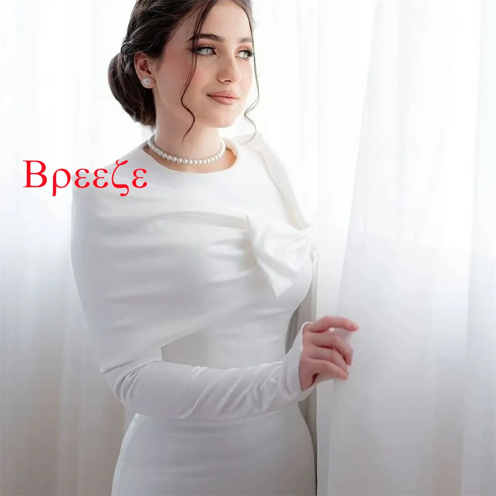 ที่กําหนดเองโรแมนติกสีขาวซาตินชุดแต่งงานประณีตลูกเรือคอผ้าคลุมไหล่แขนยาว Chapel Train Mermaid ชุดเจ้าสาว