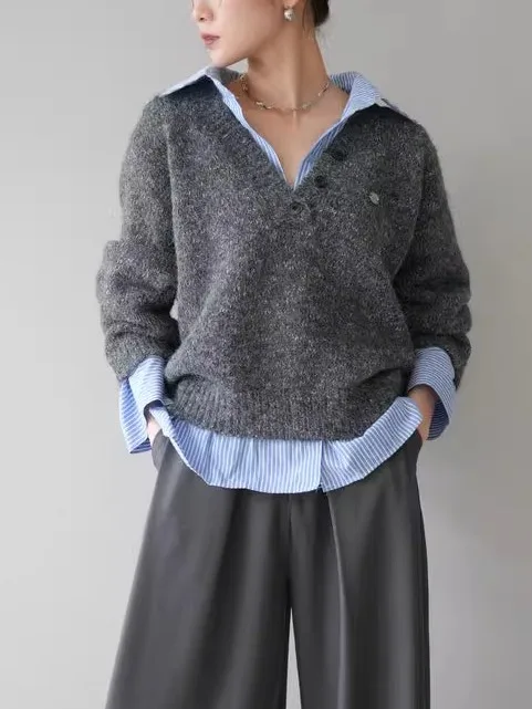 เสื้อถักสไตล์เกาหลีญี่ปุ่นลายทางต่อผ้าสำหรับผู้หญิง ทรงหลวม ใส่ได้ทั้งฤดูใบไม้ผลิและฤดูใบไม้ร่วง แขนยาว ระบายอากาศได้ดี