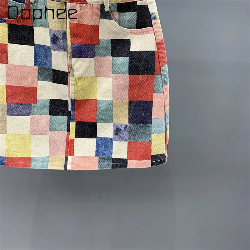 Europe and America Tide Plaid Print Denim Skirt Women High-waisted A-line Skirts Summer New Retro Sexy Hot Girl Y2K Mini Skirt