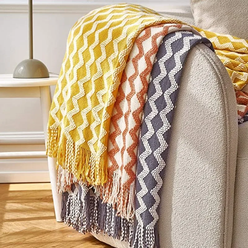 Decorative Woven Travel Yellow Blanket with Tassels Textured Cozy Lightweight Decorative Throw Blanket Manta Para Sofá