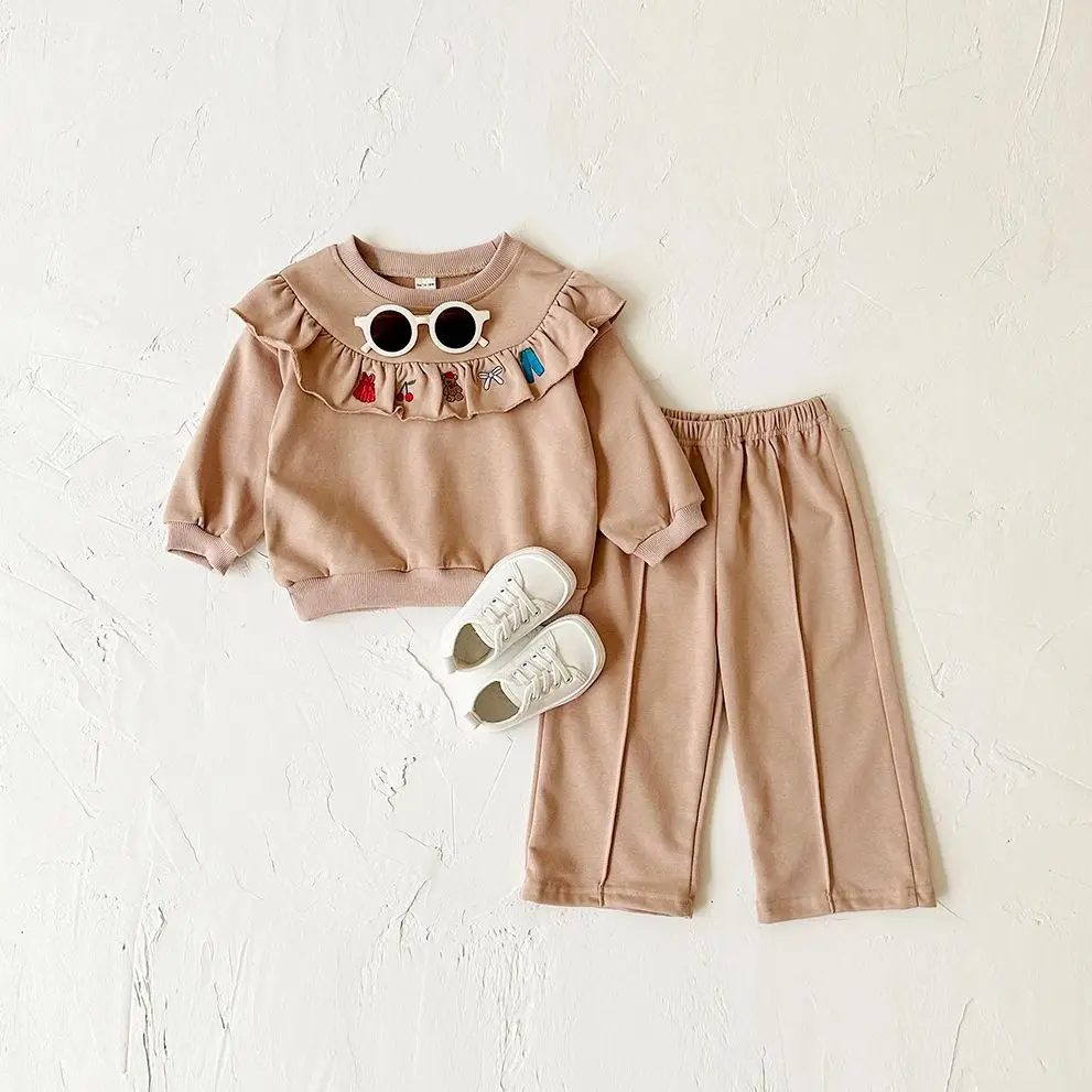 Baby Girl Clothes Set Fall Long Sleeves Doll Collar Pullover+Pants Embroidery 2PCS Cotton Stylish Newborn Baby Clothing Set