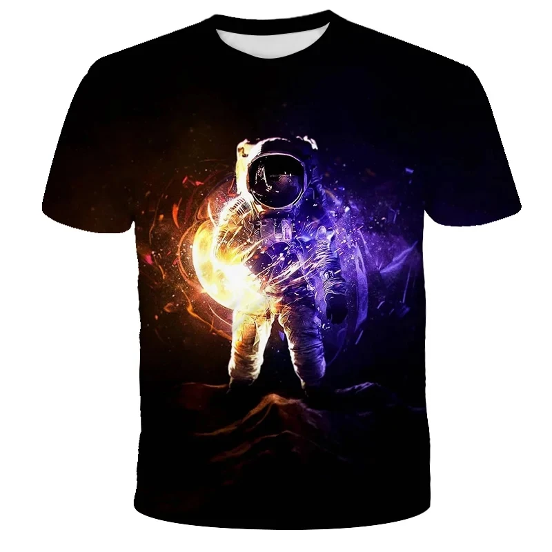 Summer New Astronaut Space Flower Men's T-shirt Cool and Fashionable Round Neck Loose and Comfortable Short Sleeves