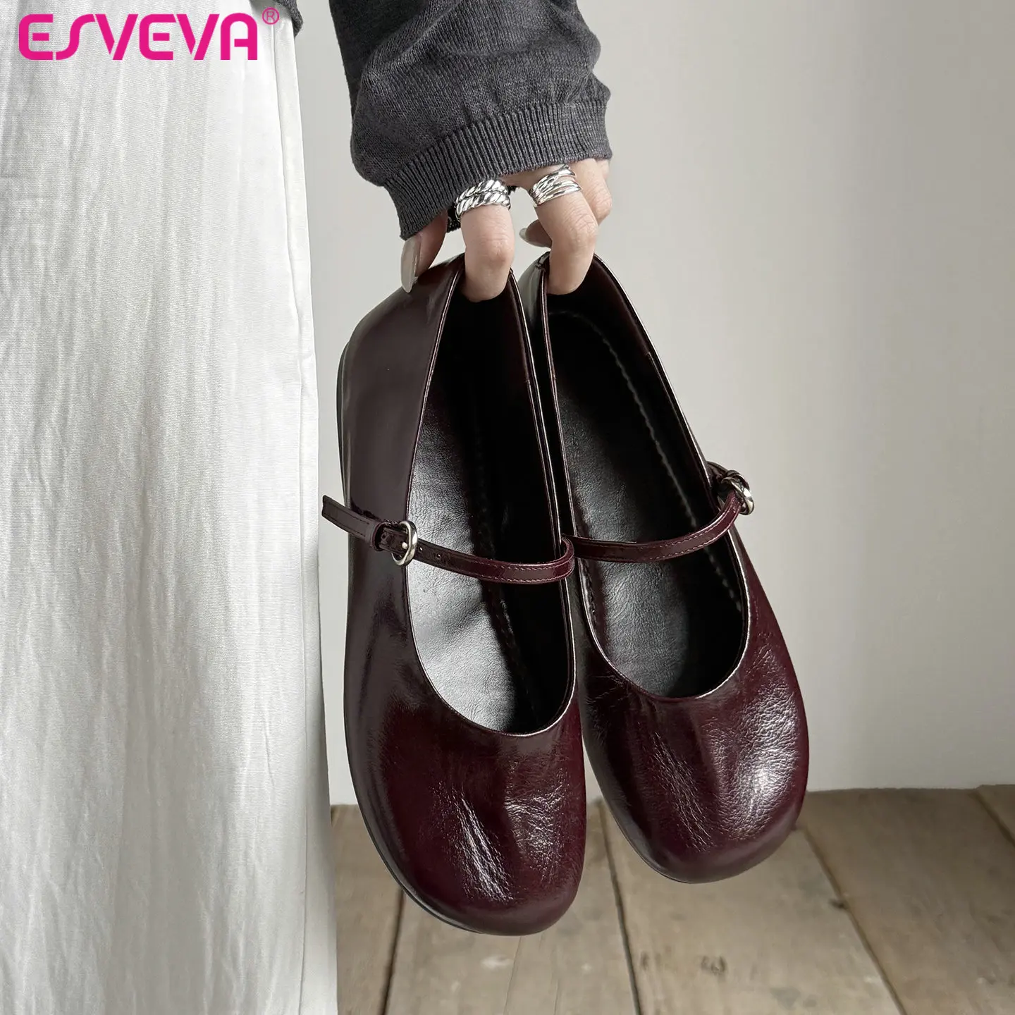 ESVEVA 2026 Fashion Women Flats Shoes Woman Spring Casual Loafers Mary Jane Genuine Leather Shoes Round Toe Ladies Dress 34-39