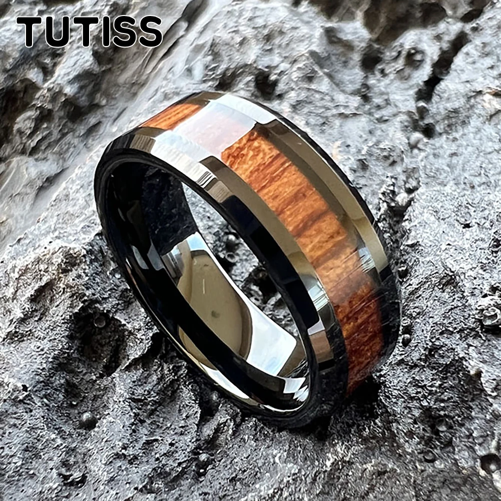 TUTISS 8mm Black Tungsten Carbide Ring Men Women Wedding Band With Rosewood Inlay Comfort Fit