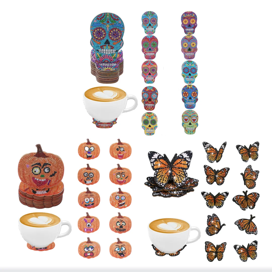 10-Diamant-Malerei-Set aus Untersetzern aus Holz ohne Ständer, DIY-Kristallverzierung mit Diamant-Stickerei, Halloween-Thema