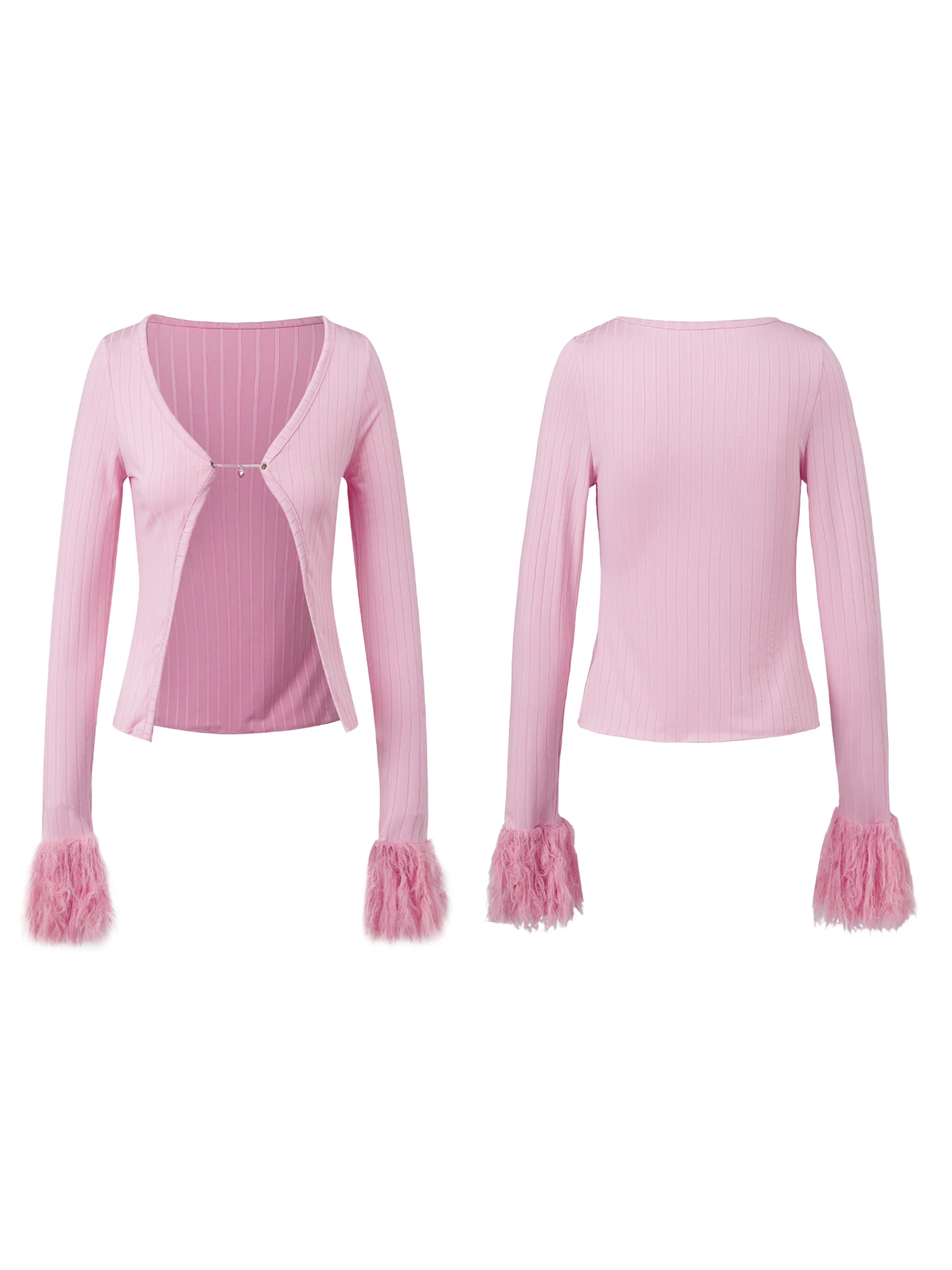 Damen-Pullover aus geripptem Strick mit V-Ausschnitt, Kettendetails und langen Passform – stilvolle Oberteile für Frühling und Herbst