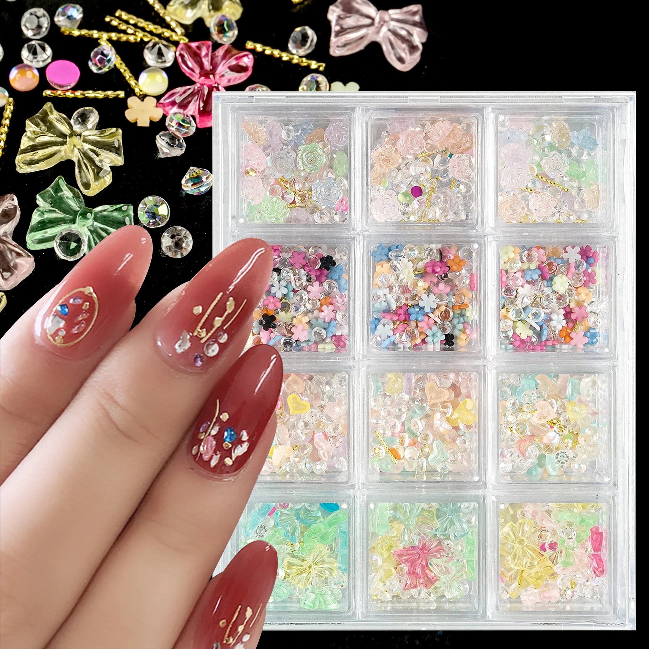 Nail Art Décorations DIY Manucure Outils Pièces, Résine Mixte, Nministériels d Papillon, Breloques 3D Acrylique, Kawaii, Nministériels d Coloré Strass, Boîte de 12 Grilles