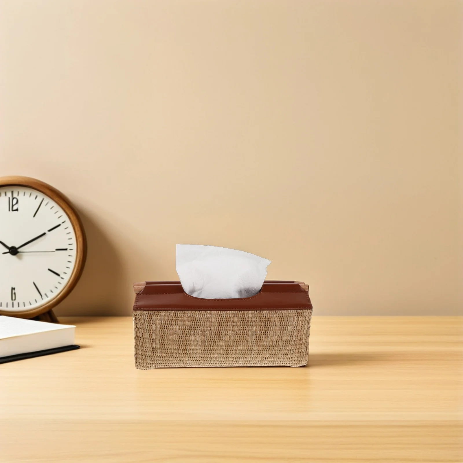 

Brown Rectangular Woven Tissue Box Cover Handcrafted Napkin Holder For Living Room Bathroom Desktop Organizer Farmhouse Style