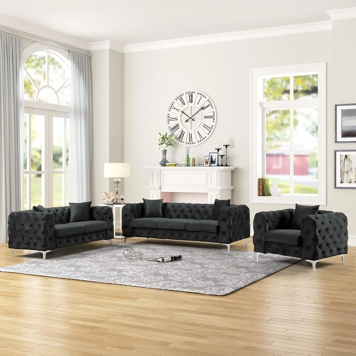 

Modern Velvet Sofa Upholstered Living Room Furniture Sets with Deep Button Tufting, Solid Wood Frame and Iron Legs