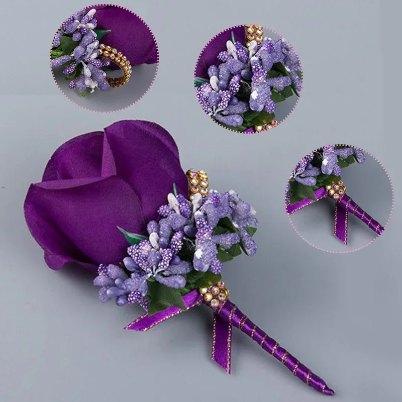 New Wedding Boutonniere Flower Corsage Pin Mariage Groom Prom Purple Rose Boutonniere For Prom Men Suit Brooch Para Hombre DIY