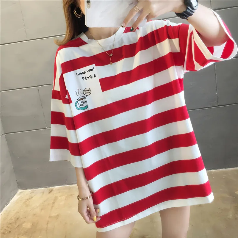 Y2K New Summer Women Half Sleeve Tops Tees INS Fashion Casual Loose Striped Crop T-shirt O-neck Cotton Ladies Pullover Tshirts