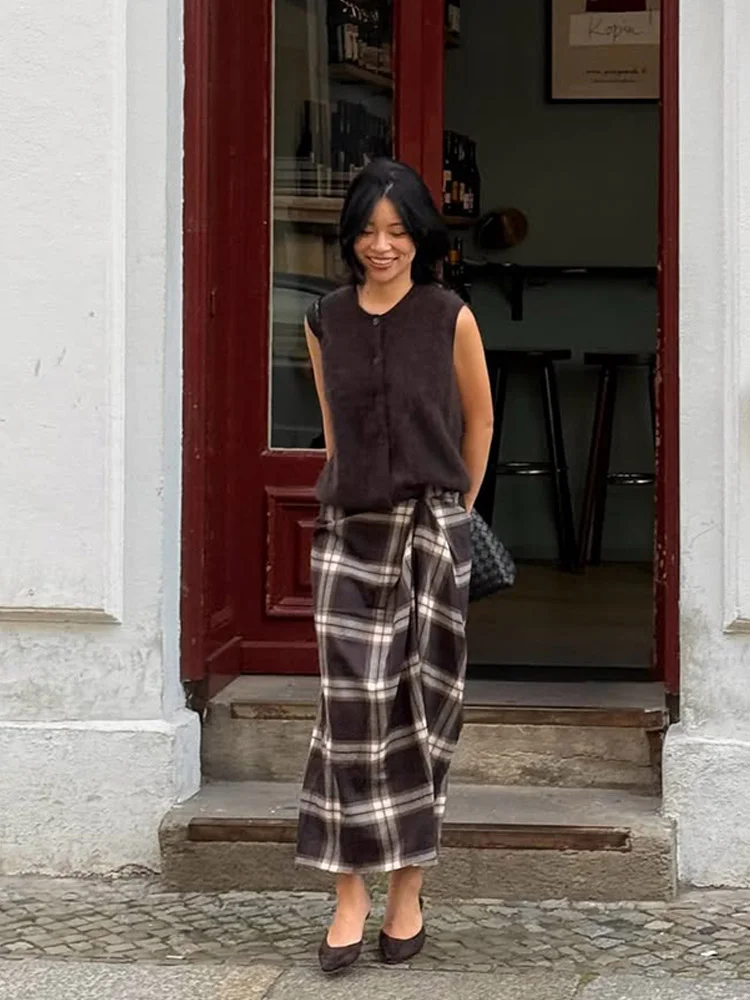 Frauen Karierten Midi Rock Mode Hohe Taille Gefaltete Unregelmäßige Schlanke Mittlere Länge Rock Casual Täglichen Pendeln Streetwear Outfit