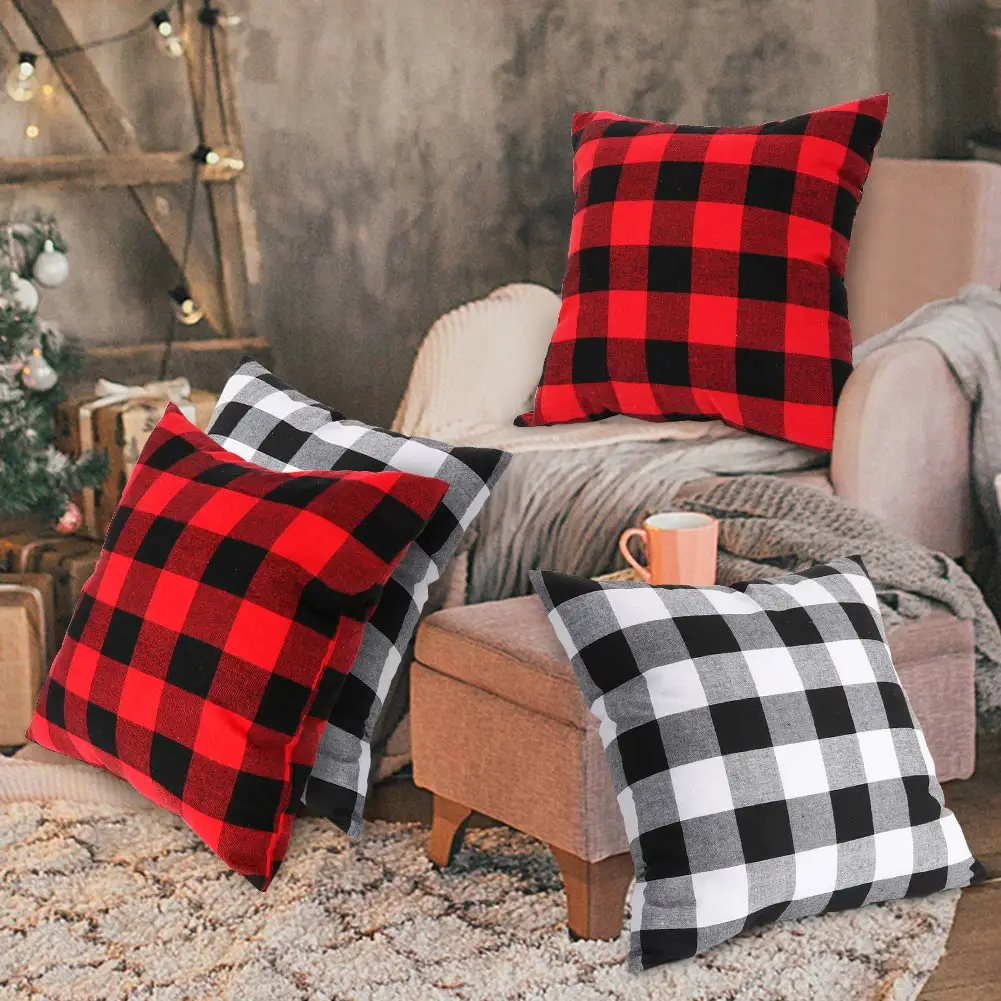 OurWarm cushion cover Red Black Buffalo Plaid Pillow Covers Cotton Linen Cushion Case  Xmas Farmhouse Sofa Home Decorat