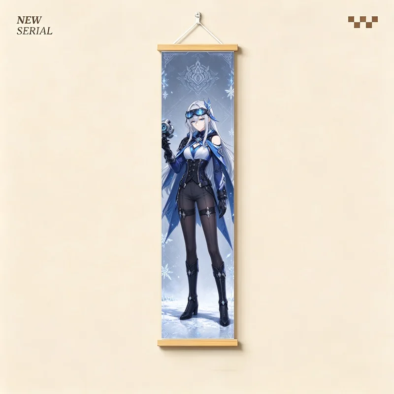 Anime Wall Art of Genshin Impact Original Cryo Characters with Blue Frost Motifs on Silver Shimmer Canvas for an Anime Bedroom