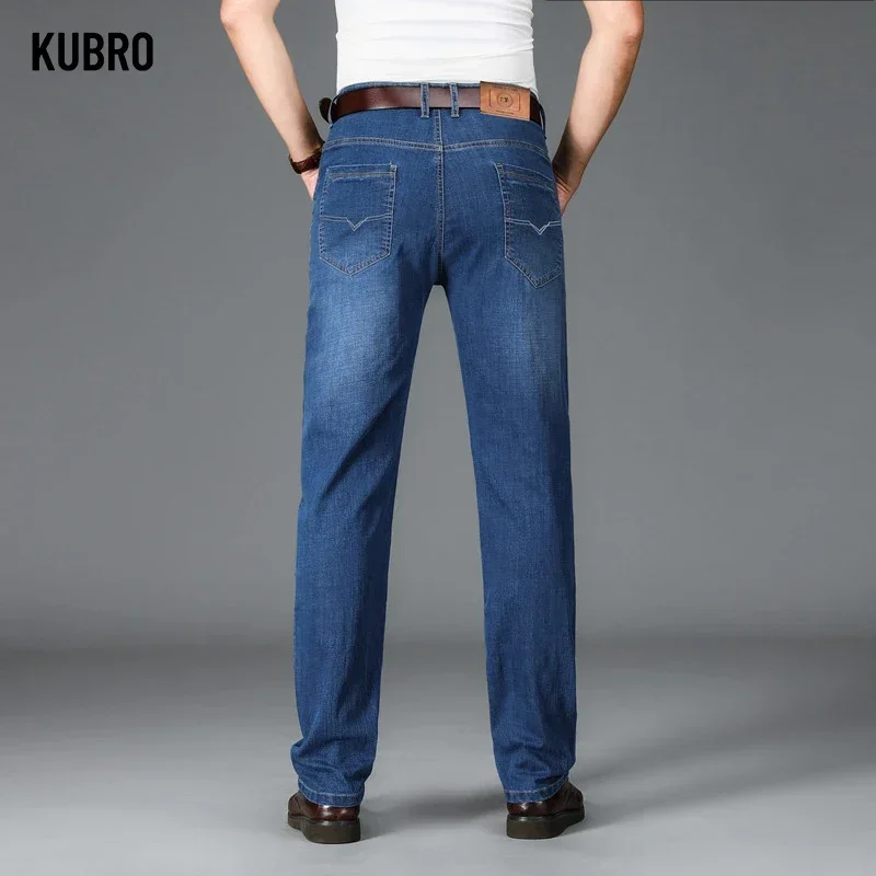 KUBRO Jeans elasticizzati leggeri larghi dritti stile classico Business Casual moda giovane uomo pantaloni in Denim sottile di alta qualità