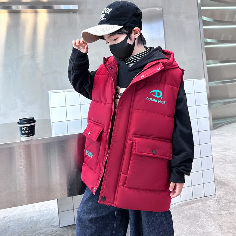 남아용 겨울 후드 면 따뜻한 조끼 재킷, 2024 10 대 야외복, 캐주얼 스포츠, 크리스마스 선물