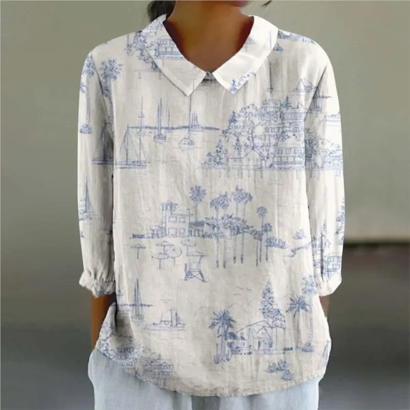 

Women's Fashion Doll Neck Long Sleeve Shirt Autumn Flower Printed Casual Loose Top Spring Cotton And Linen Shirts Tops