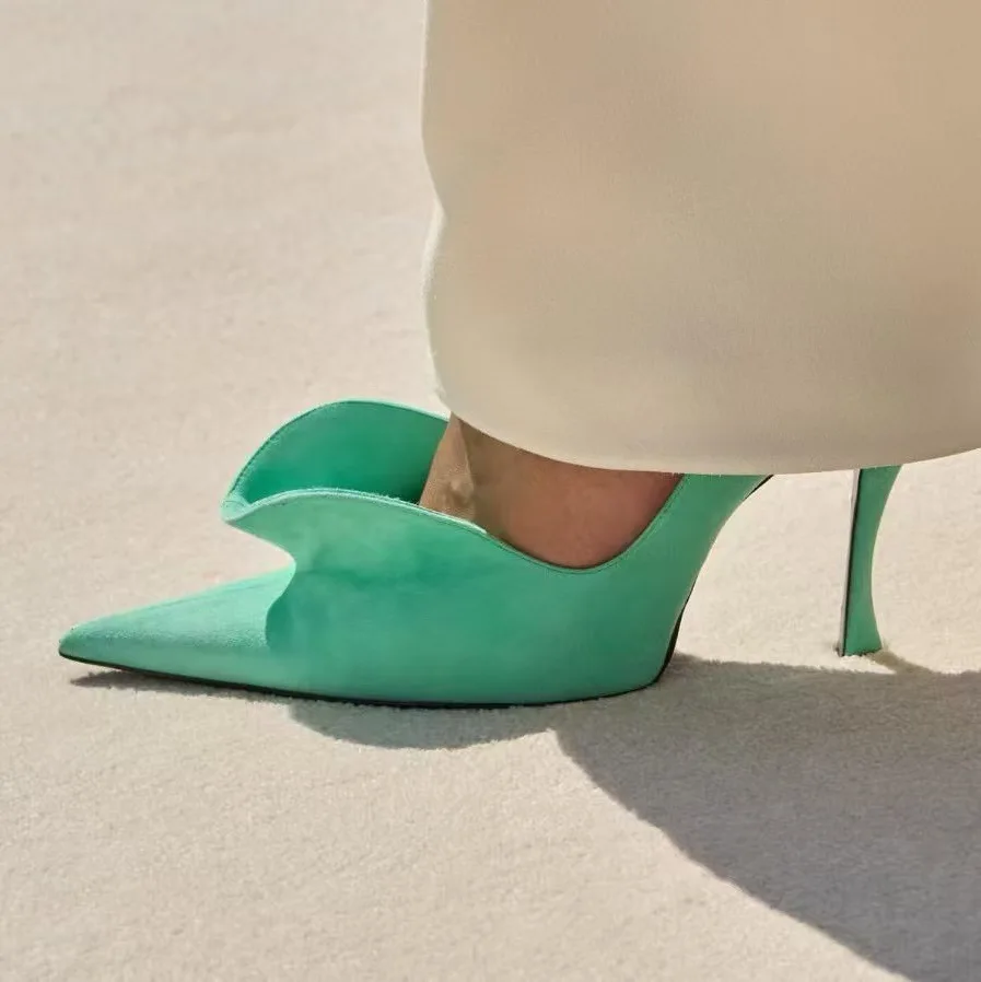 2026 Spring/Autumn New Women's Green Ruffle Edge Pointed Toe Thin Stiletto High Heels Slip On Fashion Simple Wedding Party Pumps