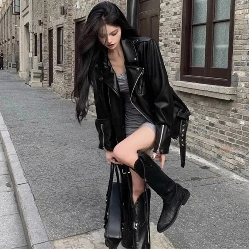 Tops americanos de piel sintética a la moda para mujer, chaqueta de cuero PU locomotora de alta calidad 2025, abrigo de cuero informal para mujer de otoño