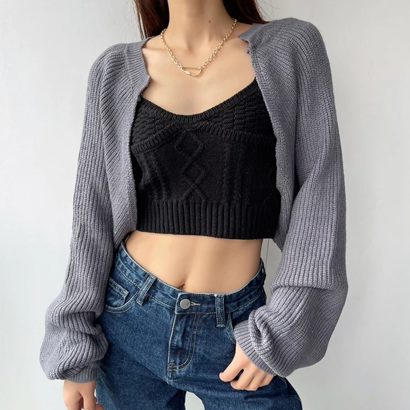 MEXZT Korean Fashion Women Loose Short Knitted Cardigan Sweater Fall Harajuku Lantern Sleeve Y2k Clothes Female Vintage Crop Top