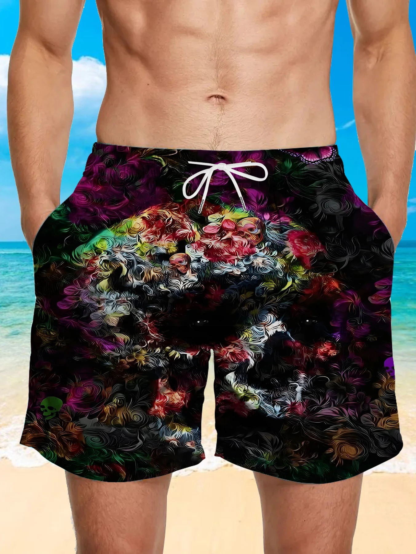 Daily Wear Full Print Shorts Men Digital Printing Anti-wrinkle Polyester Trunks