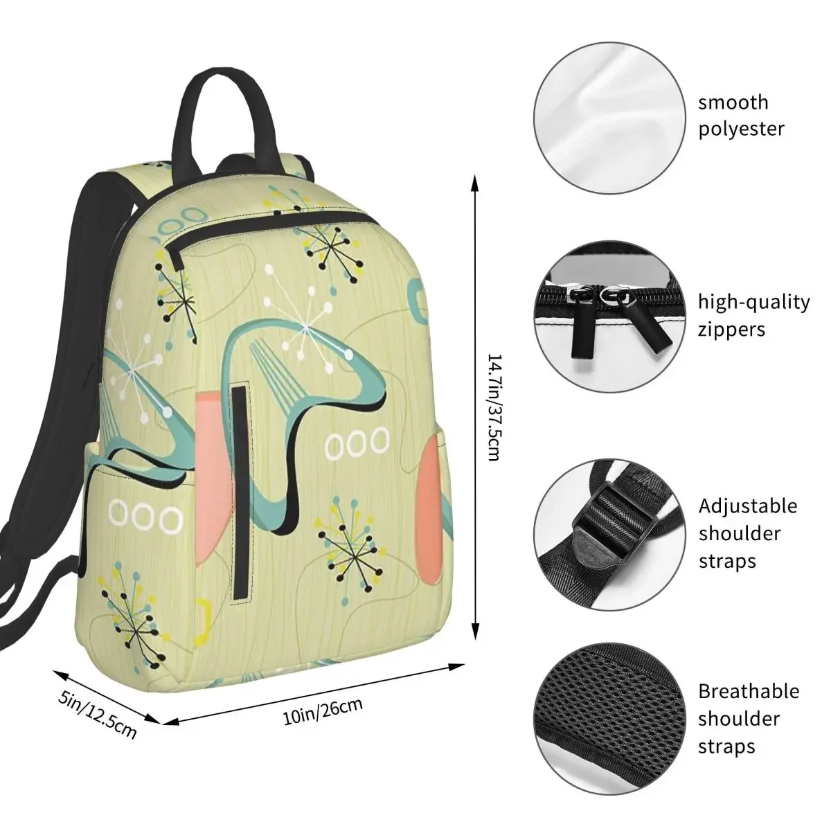 Retro Eames-Era Atomic Inspired Geometry Pattern Backpack Student BookBag Kids School Bag Computer Shoulder Bags Men Women