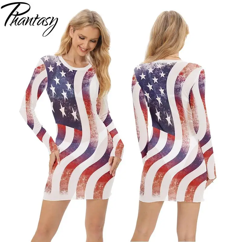 Phantasy Holiday Mini Dress Women Mesh Visible Crewneck Sheath Dresses Flag Pattern 3D Printe Wear Casual Spring Summer Clothing