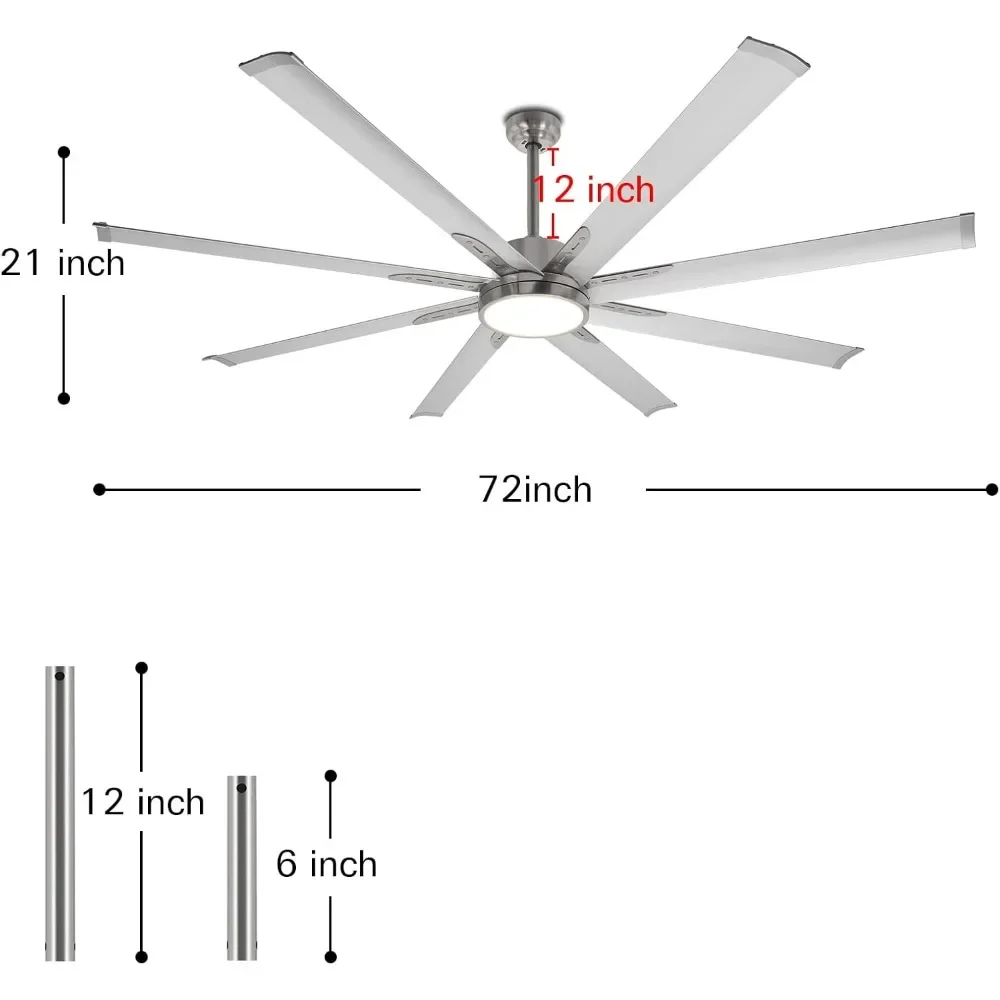 72-calowy wentylator sufitowy z oświetleniem LED i pilotem do użytku wewnątrz/pokrywanego na zewnątrz, silnik DC 172, 8 aluminiowych łopatek, 5CCT, 6 prędkości