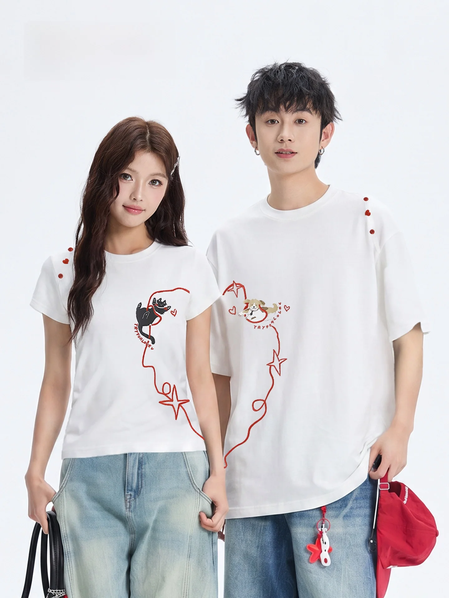 

Original Tryforlove Couples Cartoon Embroidery Short Sleeve T-Shirt Men Women Summer New Style One Long One Short Women's Fas...