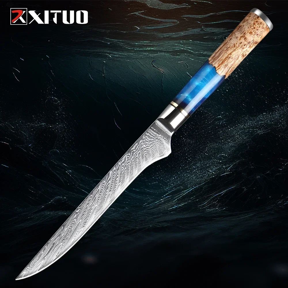 

Damascus Super Steel Boning Knife 5.5 Inch Flexible Fillet Knives Super Sharp Full Tang Wood & Resin Handle Fish Filleting Knife