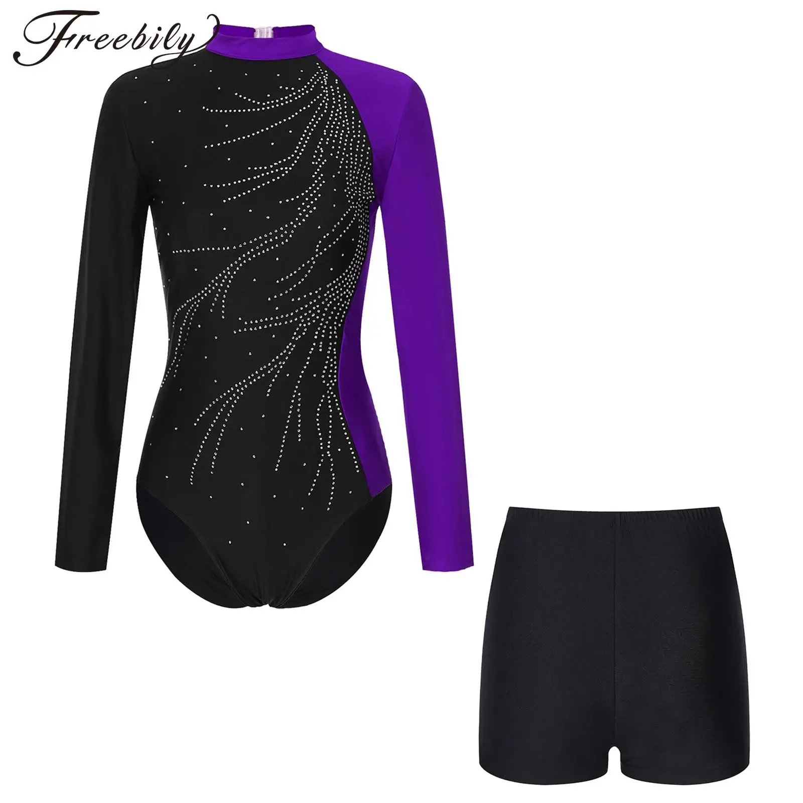 Womens Long Sleeve Ballet Dance Outfit Gymnastics Leotard with Shorts Glittery Rhinestone Dancewear Set Figure Skating Bodysuit