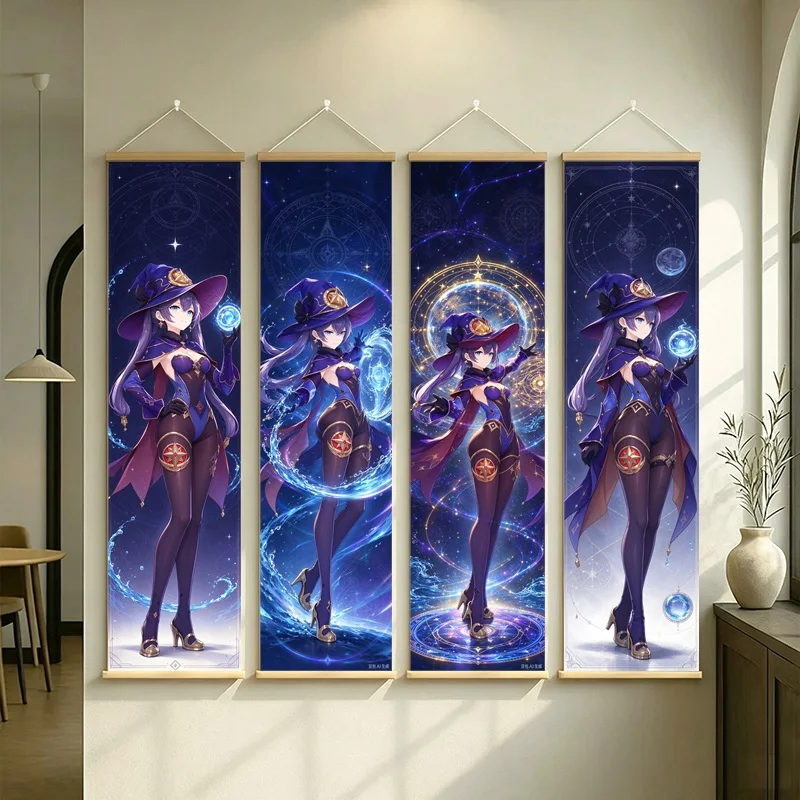Hanging Scroll Wall Art of Genshin Impact Mona with Blue Celestial Magic on Silver Shimmer Canvas for an Anime Bedroom