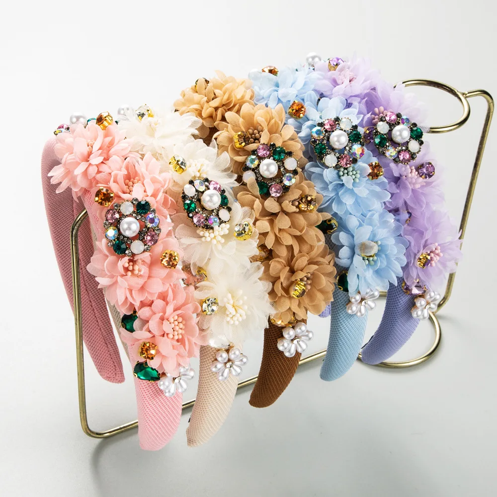 

New pearl fabric sponge flower headband temperament wide edge bridal diamond headband trend headgear wholesale