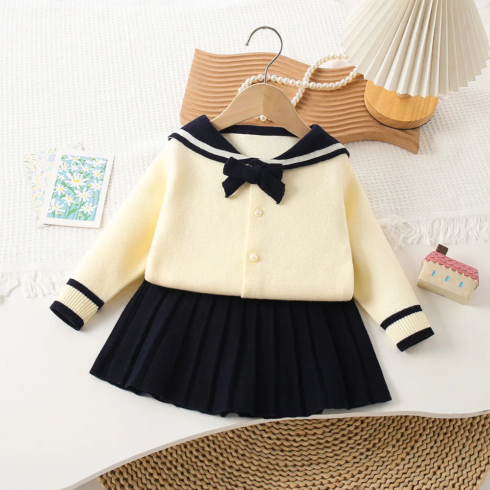 Korean Navy Collar Children's Knitted Skirt Learn Sweater Skirt Academy Style New Knitted Foreign Style Baby Cardigan Lapel